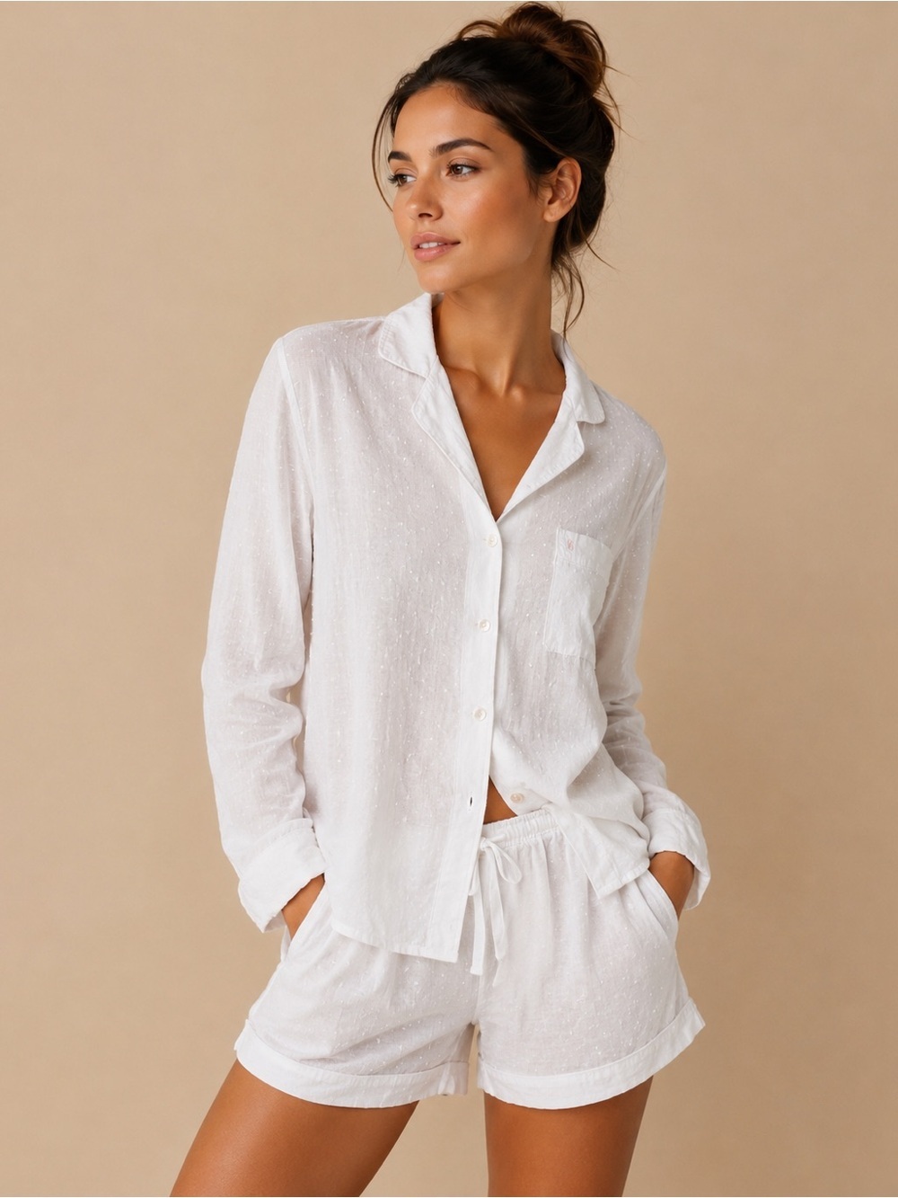 Victoria's Secret White Button-Front Pajama Shirt & Drawstring Shorts